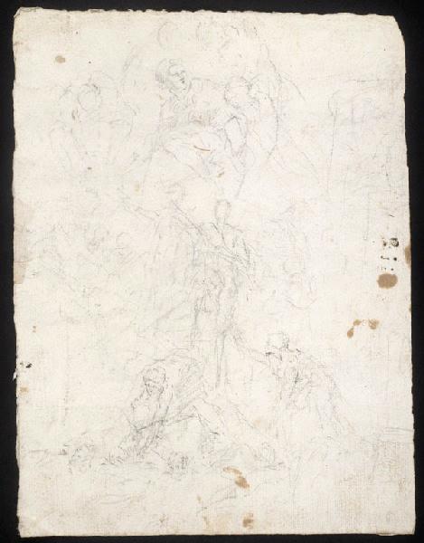 Trois esquisses de composition à plusieurs personnages (recto) ; Esquisse légère d'une tête d'homme, dans l'autre sens : homme à mi-corps vu de dos, le bras gauche levé et le tête tournée à droite, traces de composition à la pierre noire (verso)