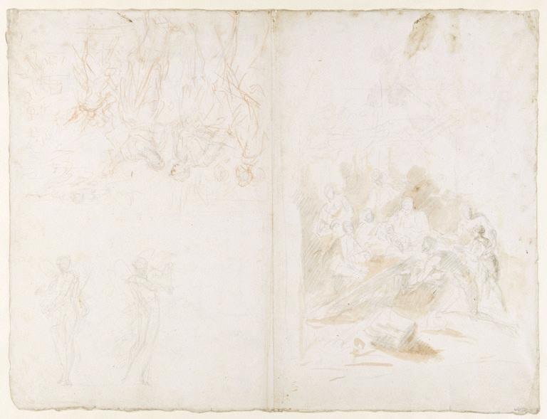 Adoration des bergers (sanguine), deux scènes avec des figures (pierre noire) (recto) ; Adoration des bergers (pierre noire) groupe de figures (pierre noire et sanguine) (verso)