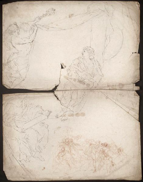 Mercure, deux figures féminines allégoriques (la Sculpture ?) graphite, plume et encre brune ; groupe de figures à la sanguine (recto) ; Figures féminines (verso)