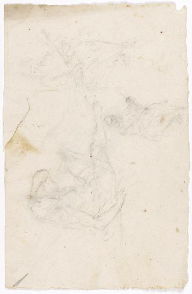 Homme nu assis, deux études de femmes assise de face, étude partielle d'homme nu (pierre noire) (recto) ; Etude de torse et jambes, homme nu (verso)