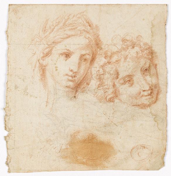 Tête de femme couronnée d'épis de blé (Cérès), tête aux cheveux frisés, esquisses diverses (recto) ; Esquisse de figures, de jambes, de botte, (à la sanguine), composition coupée circulaire avec deux figures, (pierre noire, sanguine, plume et encre brune, lavis brun) (verso)