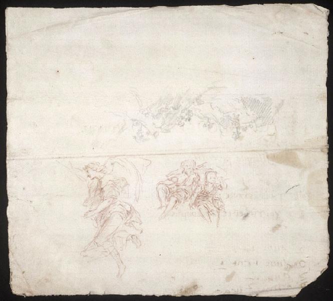 Ange de profil à gauche, deux enfants (pleurant ?) paysage avec collines et arbres