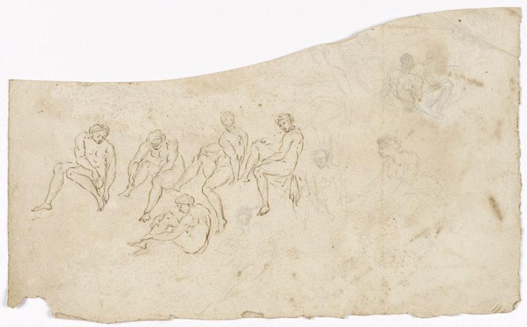 Etudes de femmes nues (à leur toilette ?), composition circulaire (coupée) (recto) ; Diverses compositions agencées (pour un plafond ?) (verso)