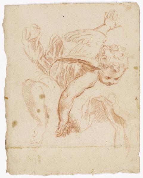 Etude d'angelot vu de trois quarts de dos, reprise d'un bras, étude de draperie