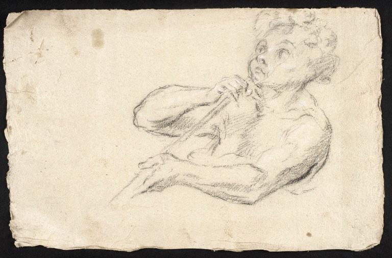 Jeune garçon vu à mi-corps tenant un long objet (instrument de musique ?)