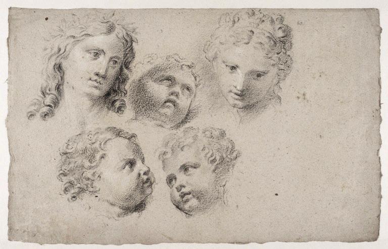 Cinq études de têtes (trois d'enfants, une femme, une figure couronnée de laurier ?)