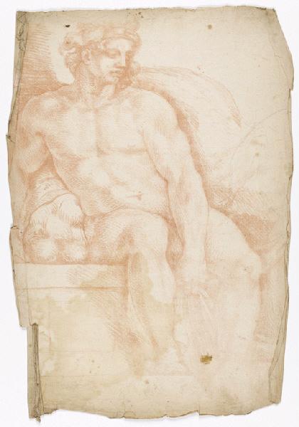 Etude de figure nue assise, la tête de trois_quarts à droite, tenant une corne d'abondance (?)