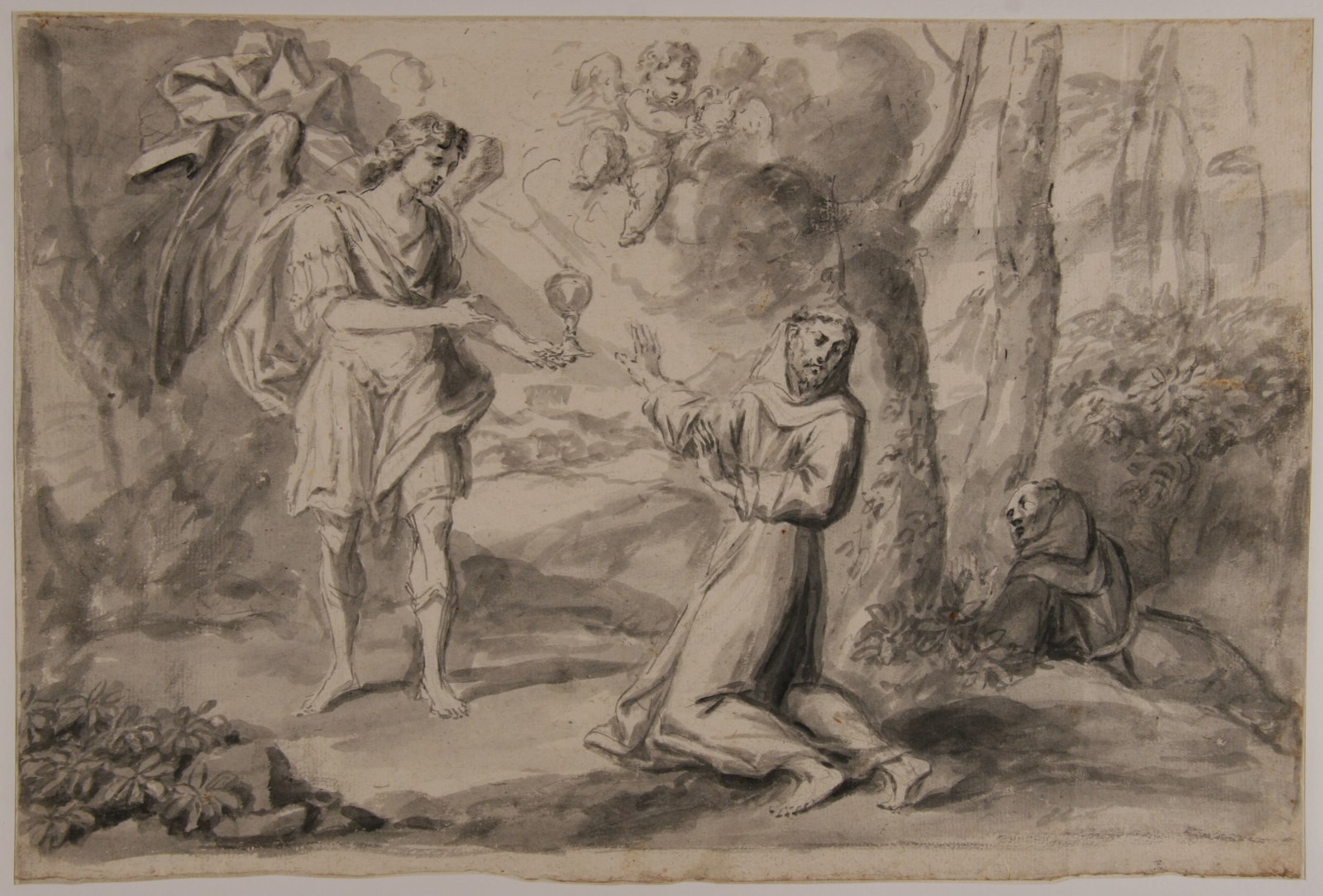 Saint François refusant une fiole d'eau transparente offerte par un ange ; Saint Bonaventure recevant la communion d'un ange (Titre factice) ; Elie recevant à boire de la main d'un ange