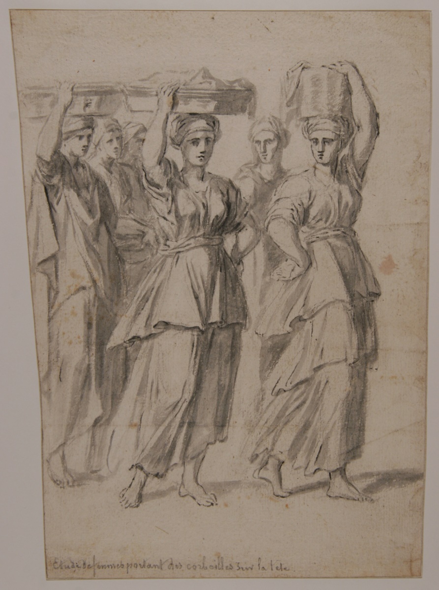 Etude de femmes portant des corbeilles sur la tête.