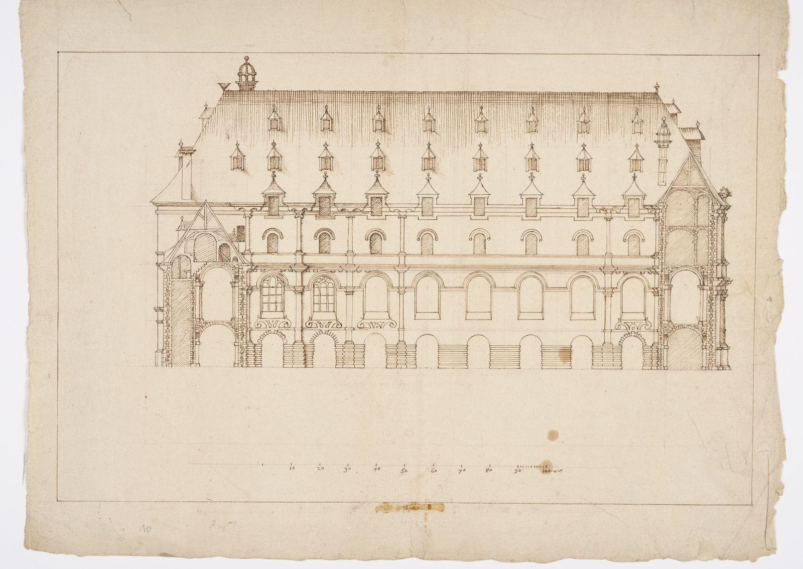 Elévation de la façade nord de l’aile sud du cloître de l’abbaye de Saint-Amand