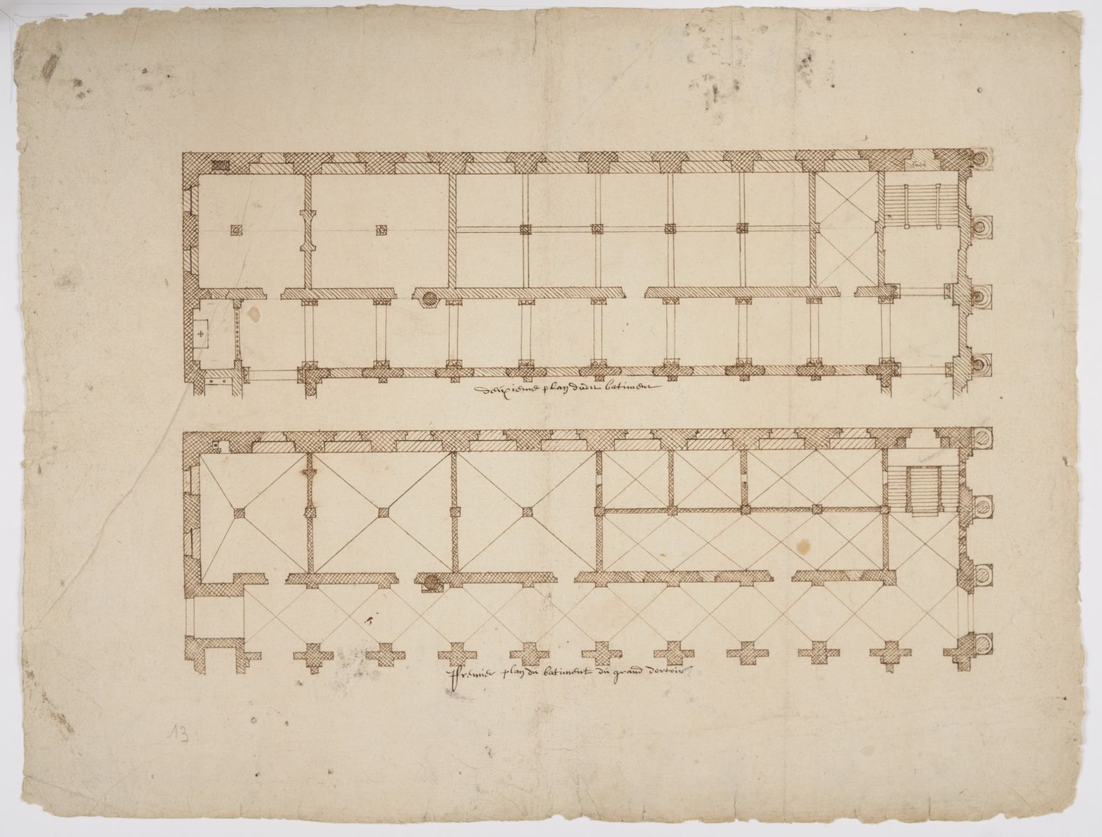 Plan des premiers et 2e niveaux du grand dortoir de l’aile sud de l’abbaye de Saint-Amand-les-Eaux