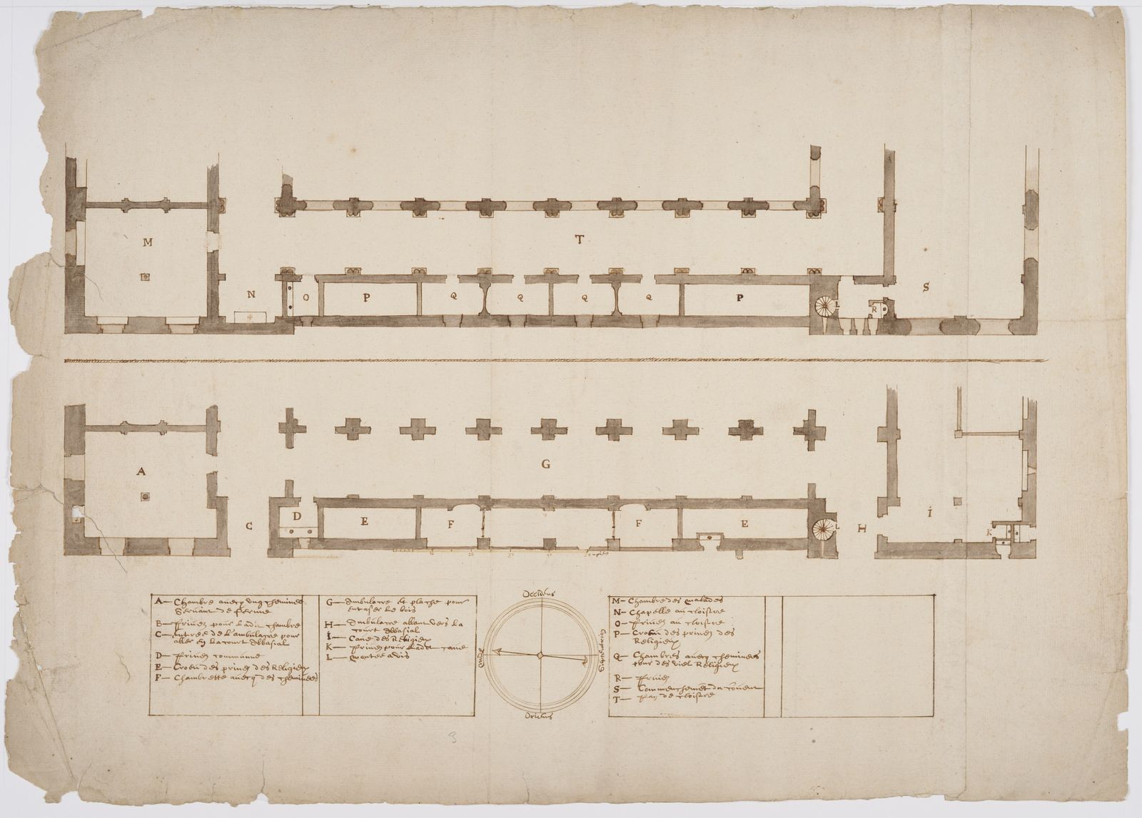Plan du rez-de-chaussée et du premier niveau de l’aile est du cloître de l’abbaye de Saint-Amand