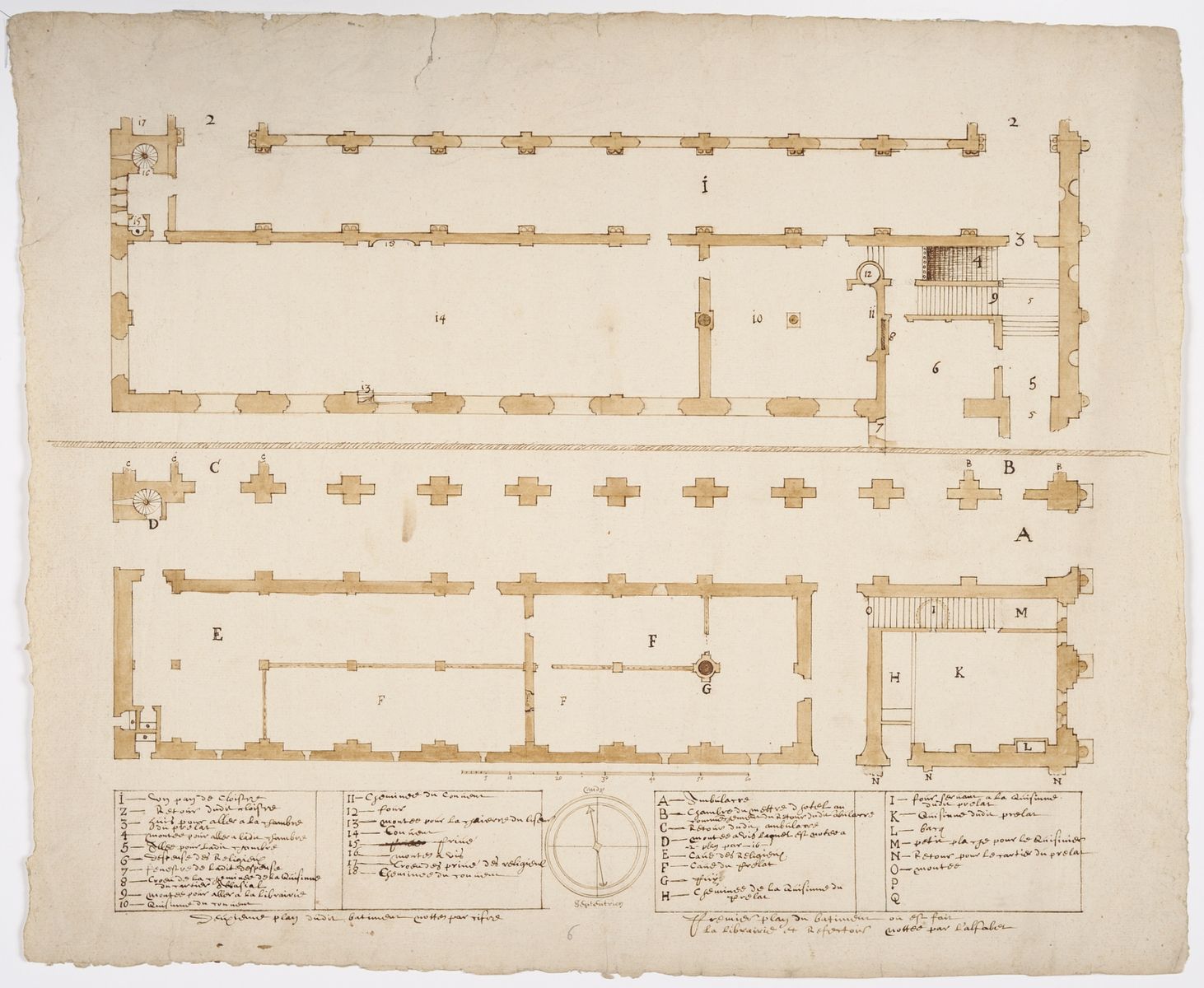Plan des 1er et 2e niveaux de l’aile nord du cloître de l’abbaye de Saint-Amand