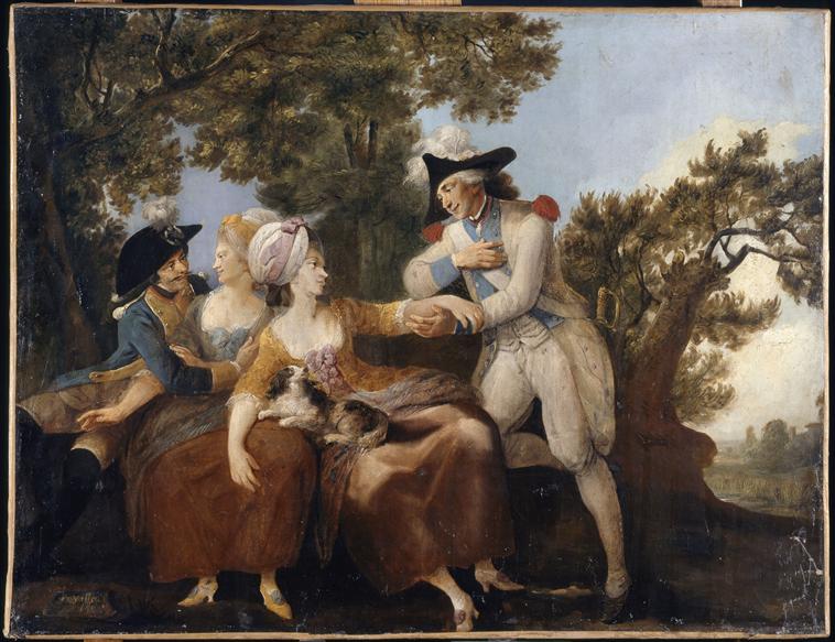 Scène galante ; Un jeune homme courtise une jeune fille assise sous un arbre