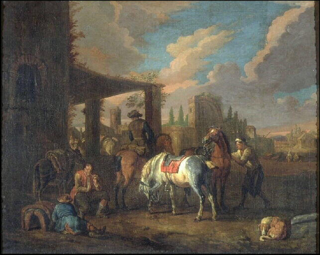 Halte de voyageurs devant des ruines