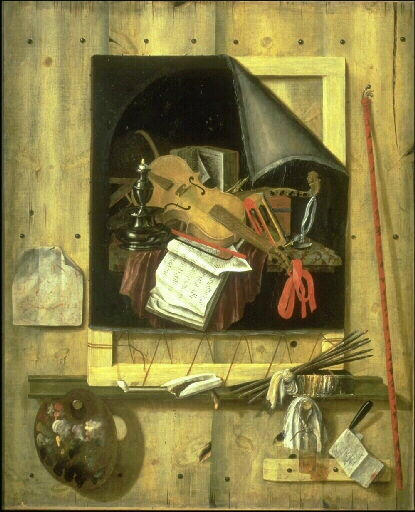 Nature morte en trompe l'oeil : toile et outils de peintre