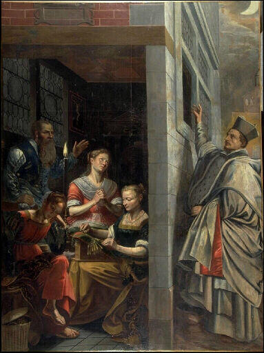 Saint Nicolas jetant une bourse par la fenêtre d'une maison dans laquelle trois jeunes filles font de la dentelle