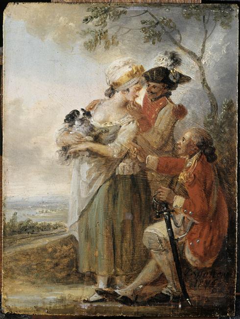 Scène galante : Un jeune homme courtise une jeune fille assise sous un arbre