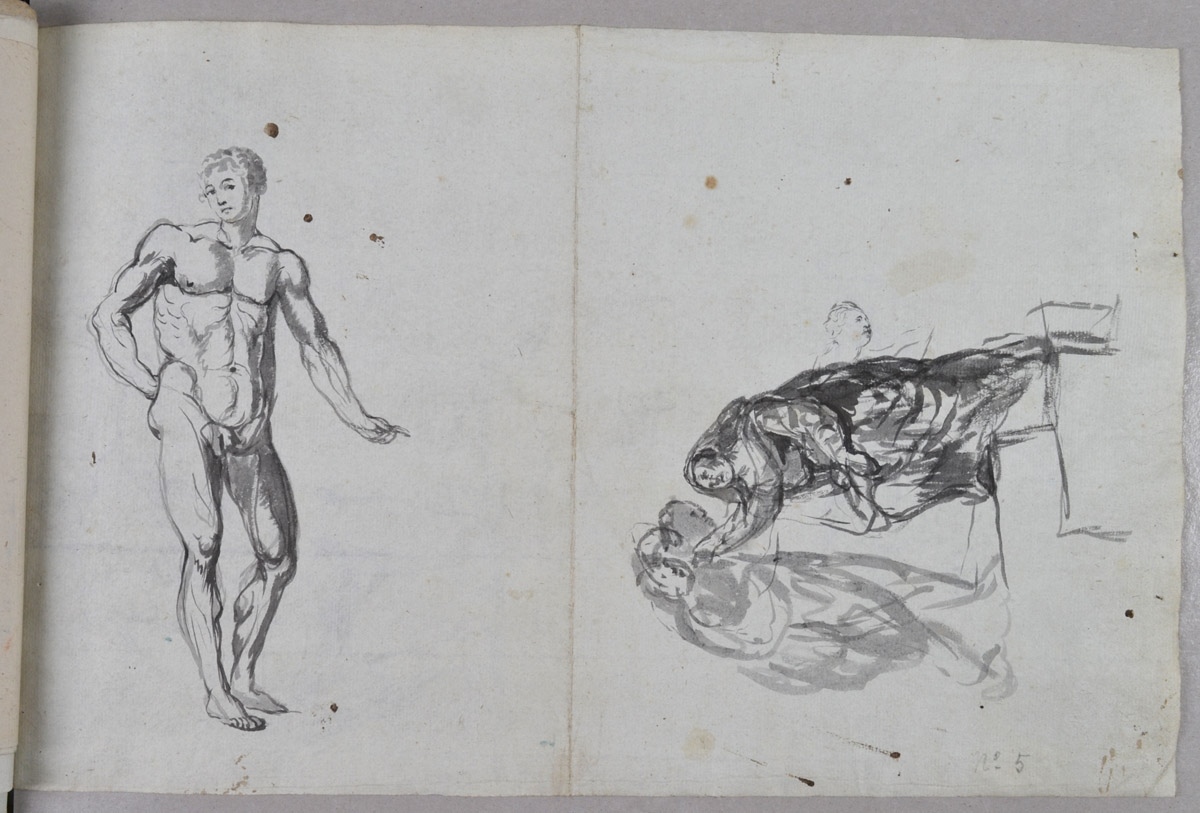 Académie d'homme et étude pour une scène de rencontre de deux personnages ; Académie d'homme et étude pour une scène de rencontre de deux personnages