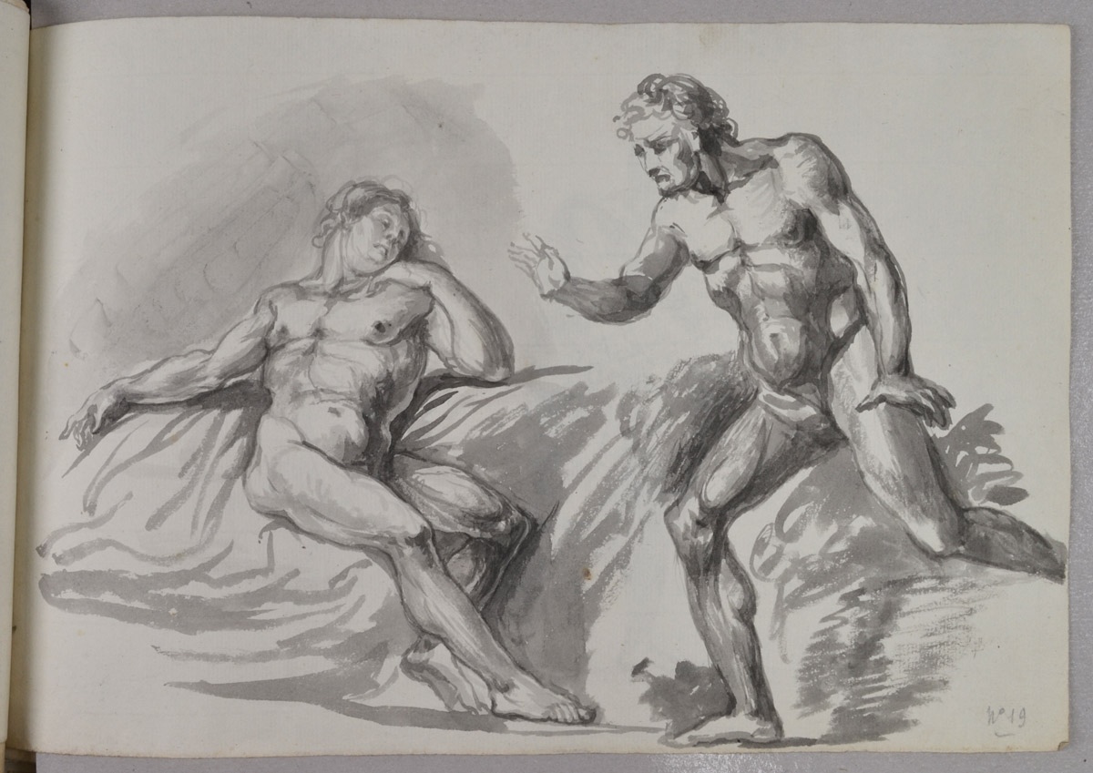 Deux académies d'hommes, dont l'un endormi (recto)  ; Étude pour un homme en toge. Académie d'homme (verso)