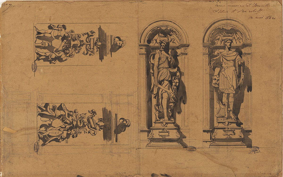 Statues et ornements de l'hôtel d'Escoville ; Manoir d'Escoville. Détail d'architecture