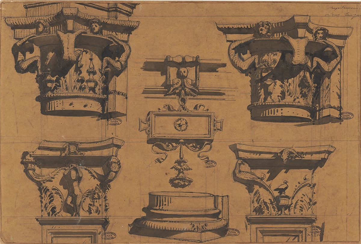 Manoir d'Escoville. Base, chapiteaux et détails