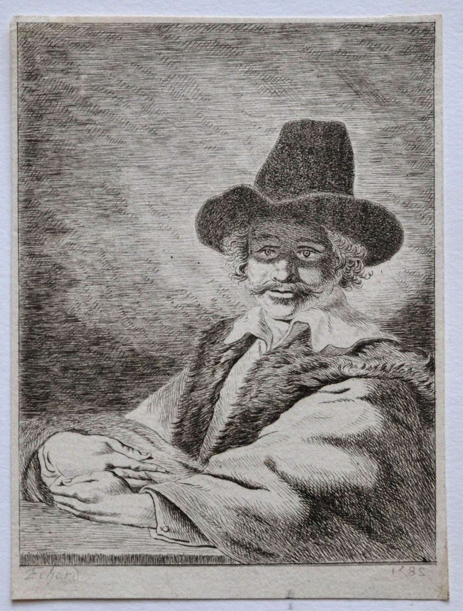 Homme portant moustaches, coiffé d'un haut chapeau