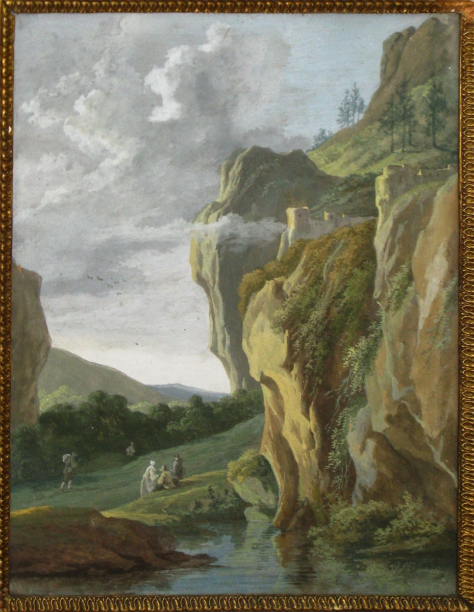 Paysage animé avec rivière surmontée de rochers