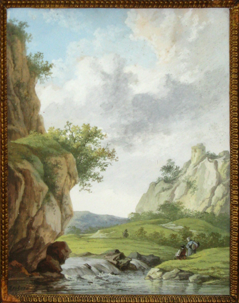 Paysage animé avec rivière surmontée de rochers