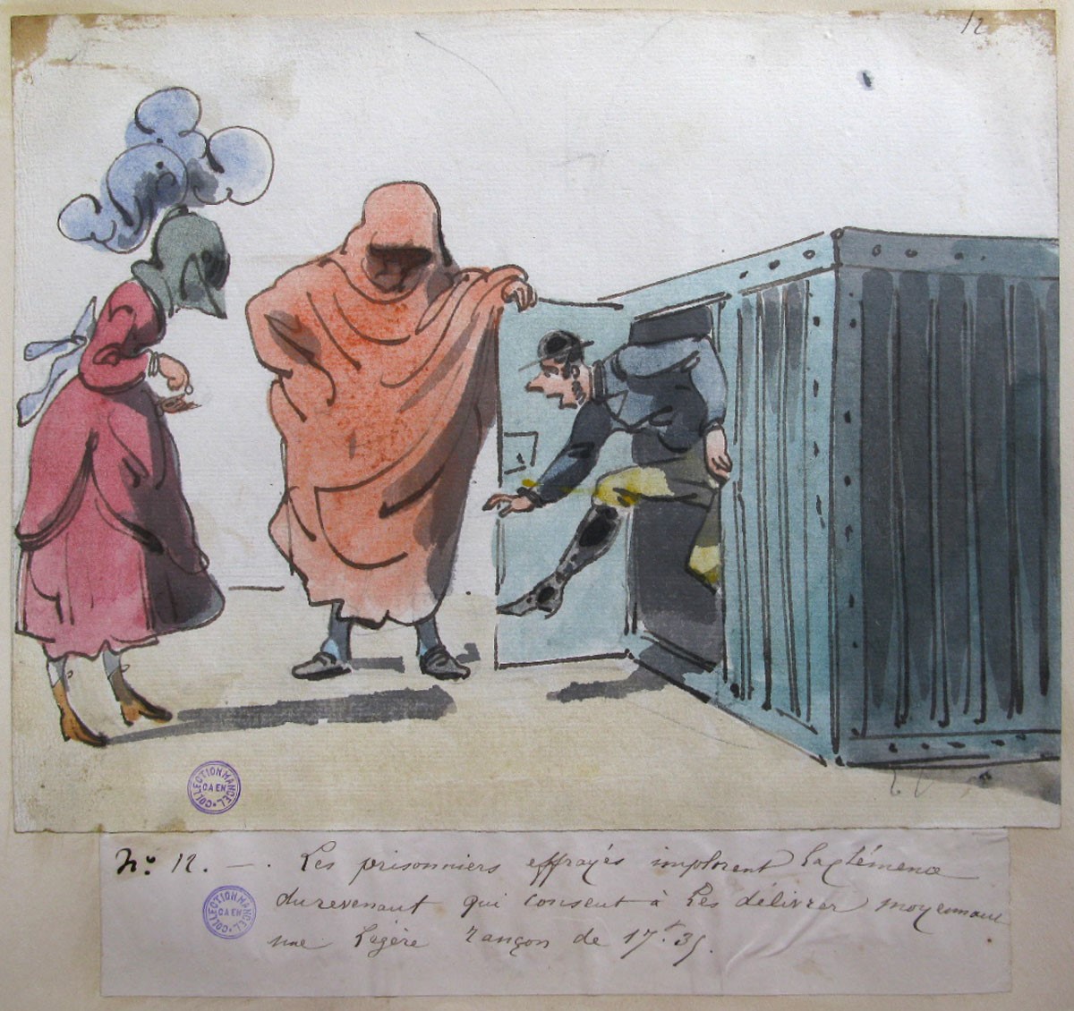 12. Les prisonniers effrayés implorent la clémence du revenant ; Les Aventures de Zénaïde et d'Adalbert au château de Schiffschaffburg (titre factice de la série)