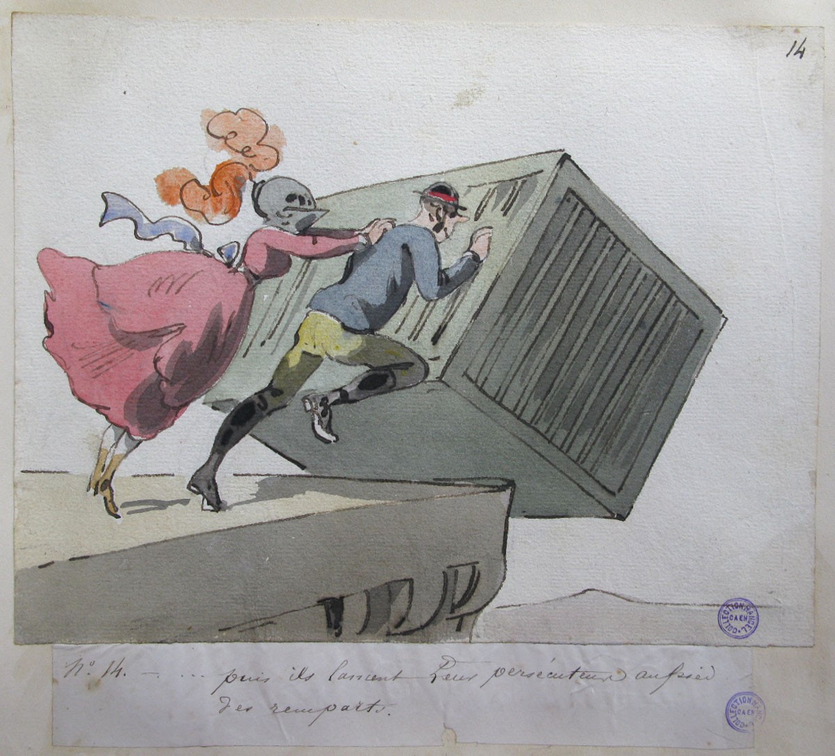 14. ... puis ils lancent leur persécuteur au pied des remparts ; Les Aventures de Zénaïde et d'Adalbert au château de Schiffschaffburg (titre factice de la série)