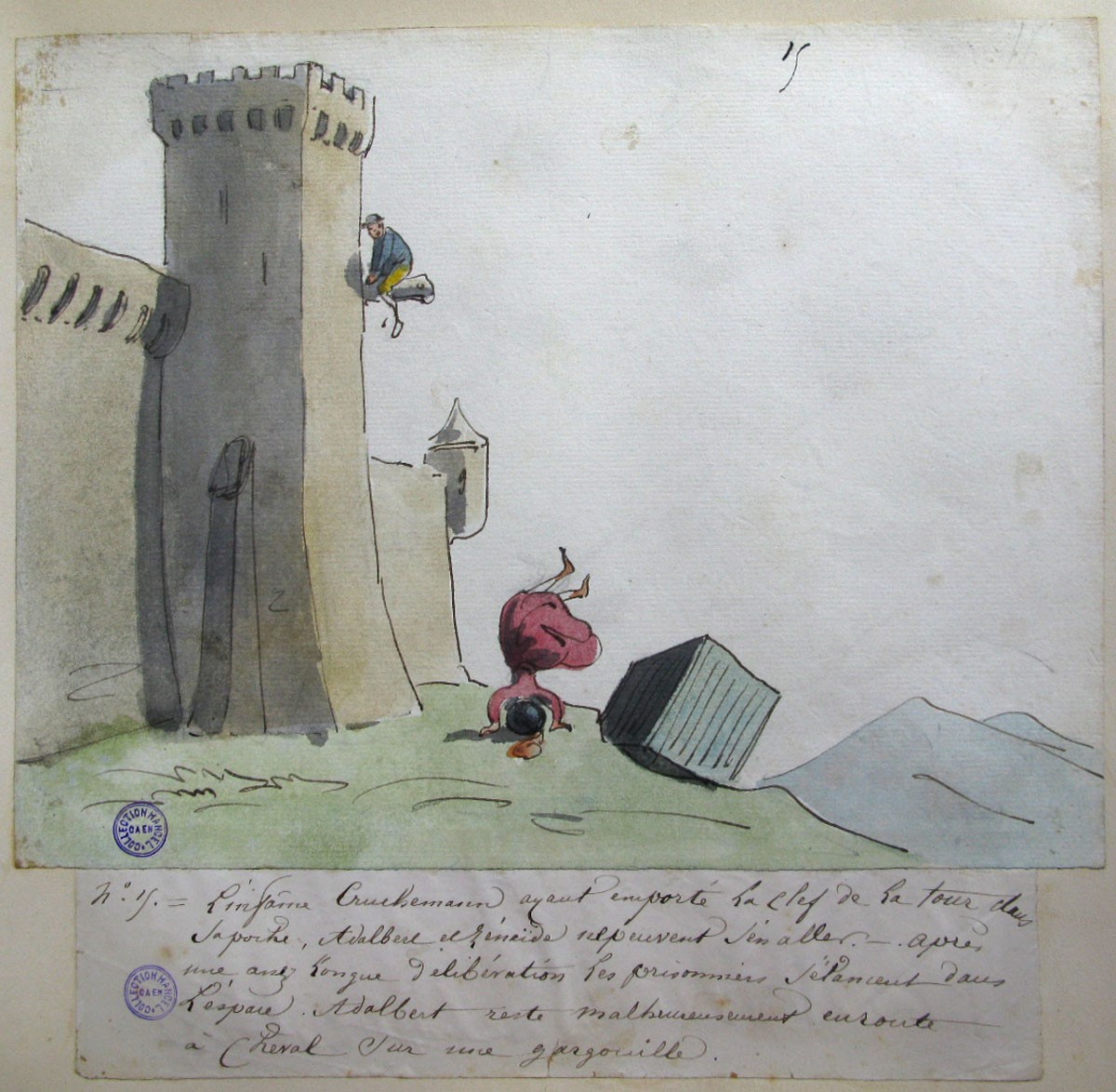 15. L'infâme Cruchemann, ayant emporté la clef de la tour dans sa poche, Adalbert et Zénaïde ne peuvent s'en aller ; Les Aventures de Zénaïde et d'Adalbert au château de Schiffschaffburg (titre factice de la série)