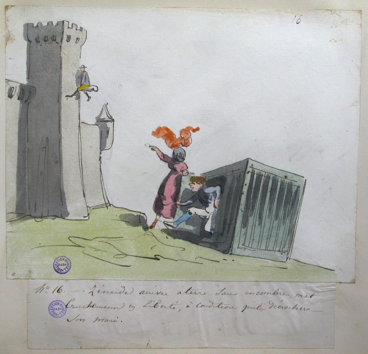 16. Zénaïde, arrivée à terre sans encombre, met Cruchemann en liberté ; Les Aventures de Zénaïde et d'Adalbert au château de Schiffschaffburg (titre factice de la série)