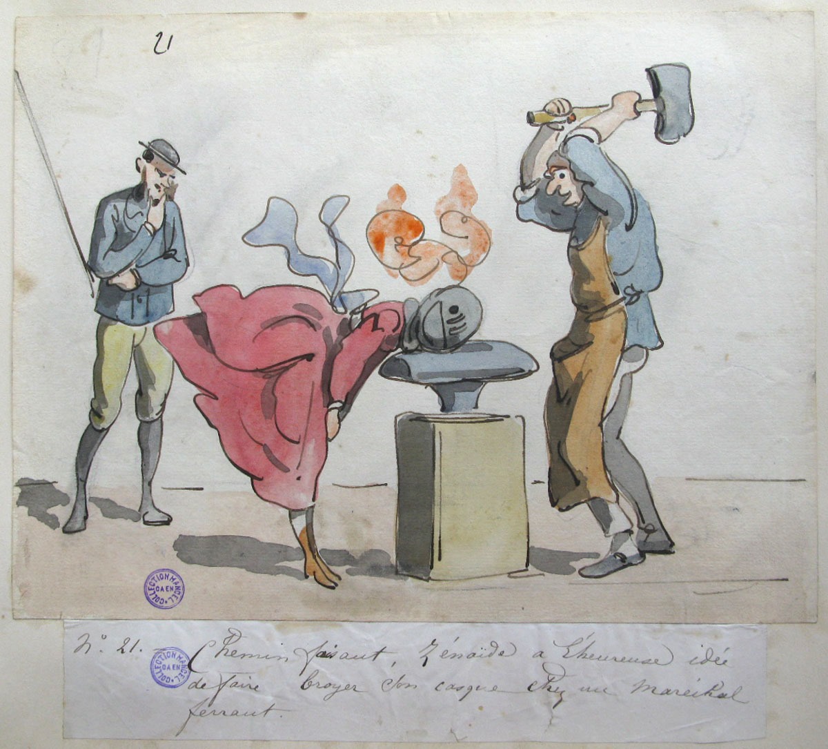 21. Chemin faisant, Zénaïde a l'heureuse idée de faire broyer son casque chez un maréchal-ferrant ; Les Aventures de Zénaïde et d'Adalbert au château de Schiffschaffburg (titre factice de la série)