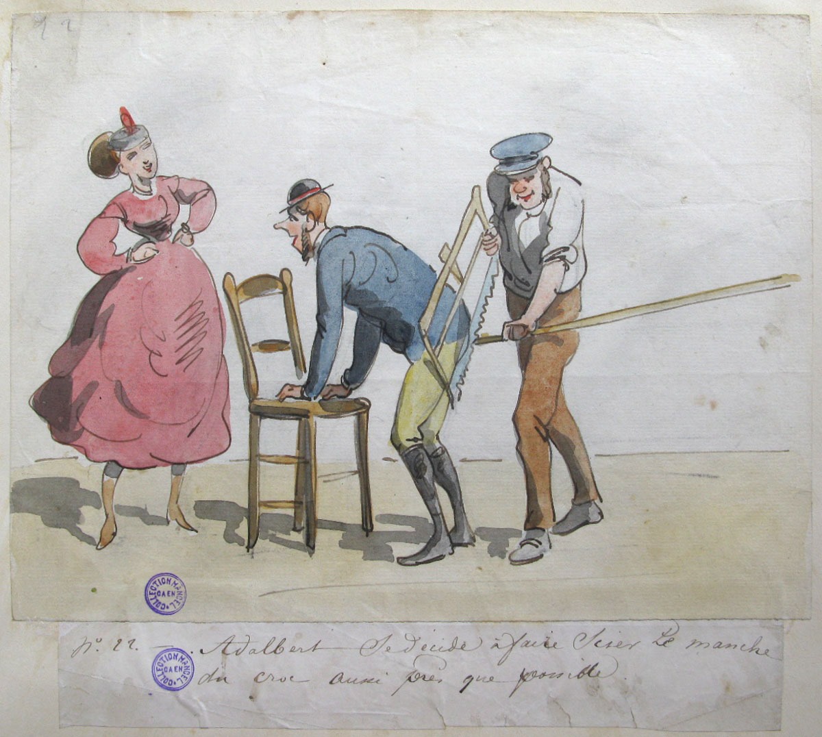 22. Adalbert se décide à faire scier le manche du croc aussi près que possible ; Les Aventures de Zénaïde et d'Adalbert au château de Schiffschaffburg (titre factice de la série)