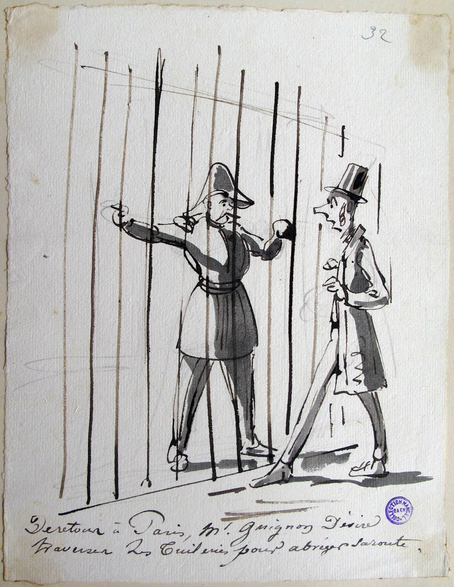 32. De retour à Paris, M. Guignon désire traverser les Tuileries ; M. Guignon, ou le voyage d'un habitant de Ruffec de Paris (titre factice de la série)