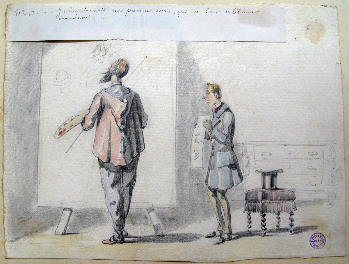 3. Je lui soumets mes premiers essais, qui ont l'air de l'étonner énormément ; Les tribulations d'un apprenti peintre (titre factice de la série)