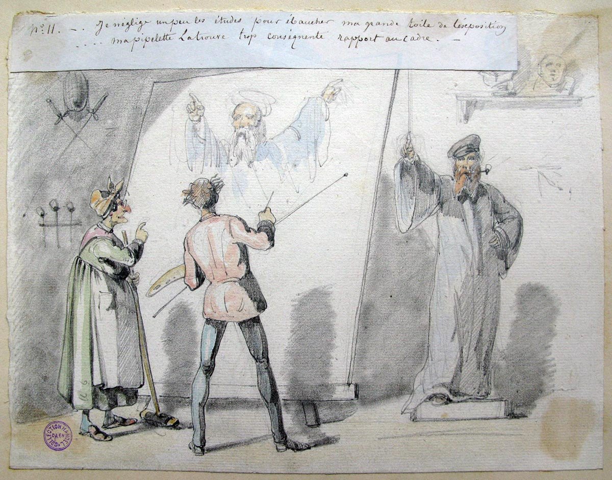 11. Je néglige un peu les études pour ébaucher ma grande toile de l'exposition... ma pipelette la trouve trop conséquente rapport au cadre ; Les tribulations d'un apprenti peintre (titre factice de la série)