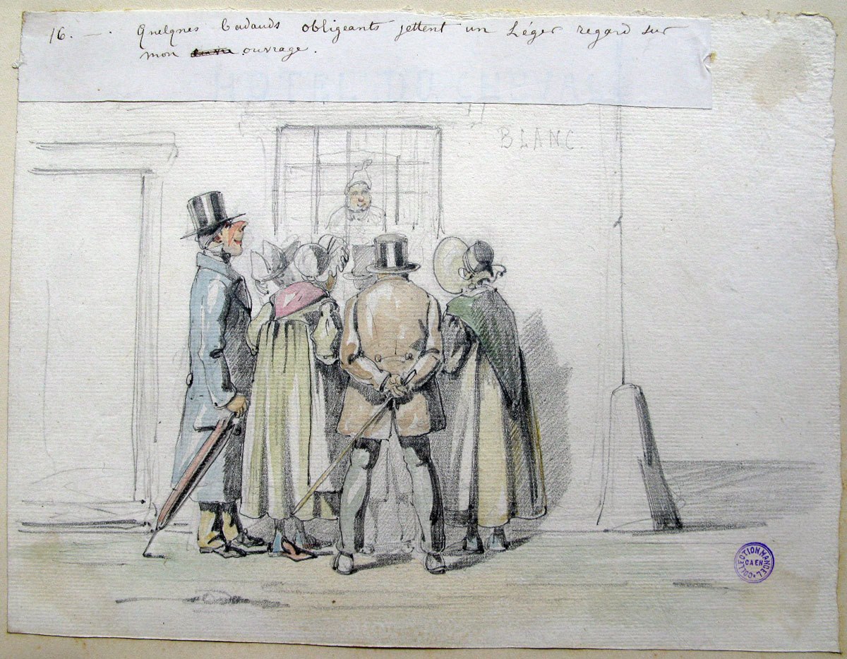 16. Quelques badauds obligeants jettent un léger regard sur mon ouvrage ; Les tribulations d'un apprenti peintre (titre factice de la série)