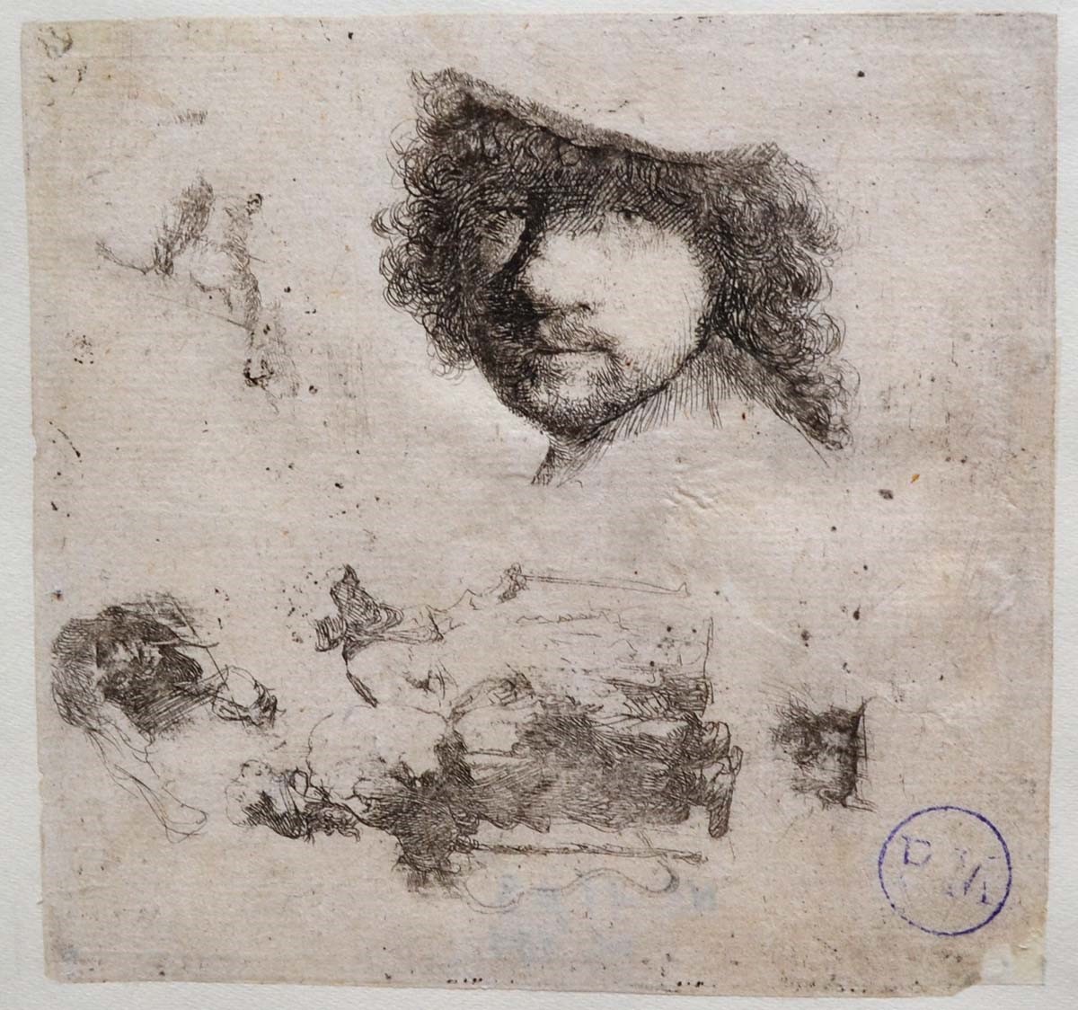 Feuille d'études avec la tête de l'artiste