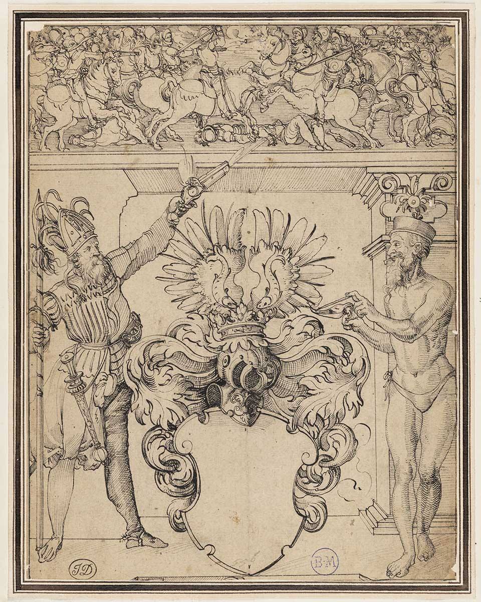 Tenants d'armoirie et scène de combat de cavalerie