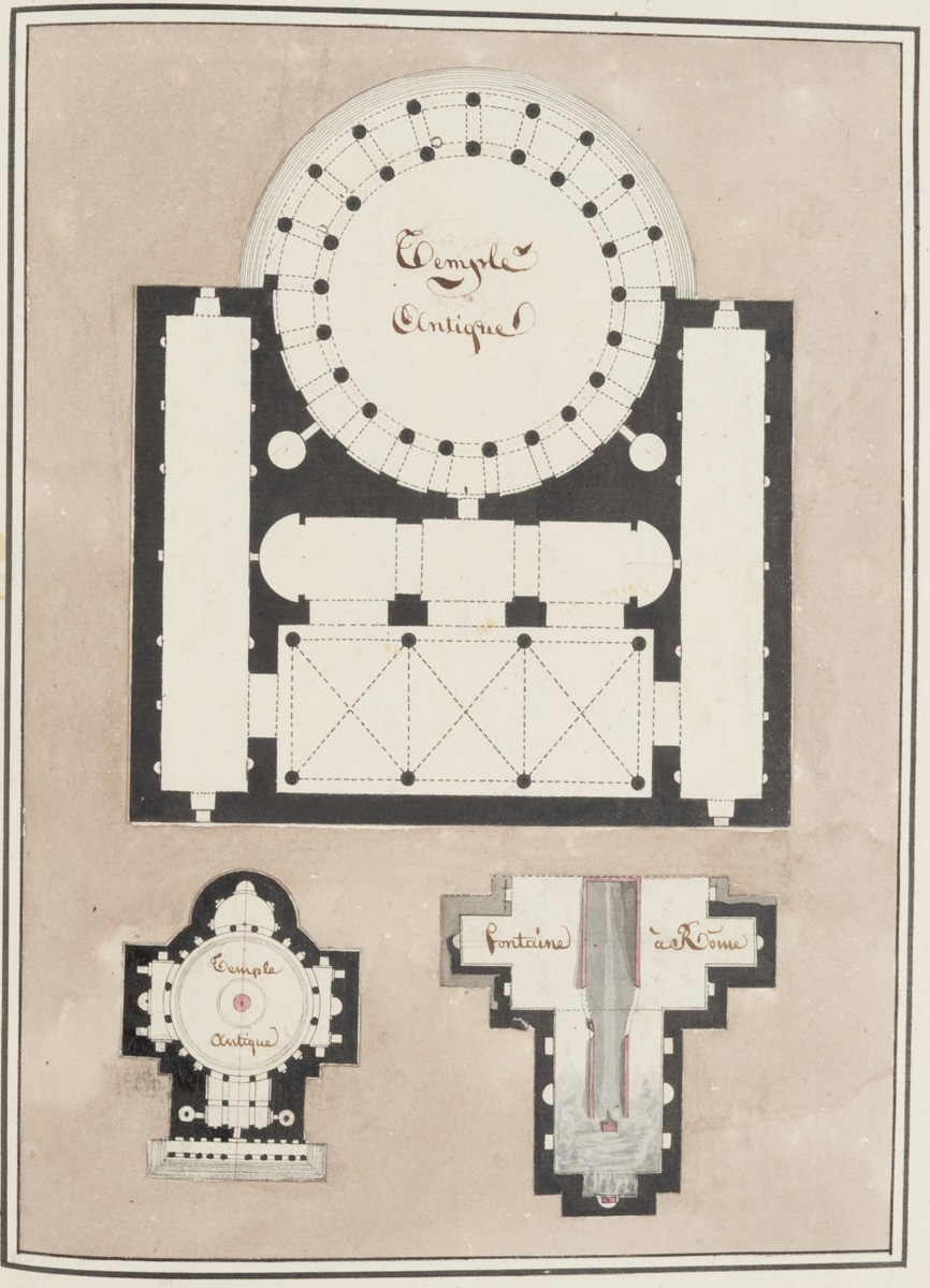 Plans de deux temples antiques et d'une fontaine à Rome