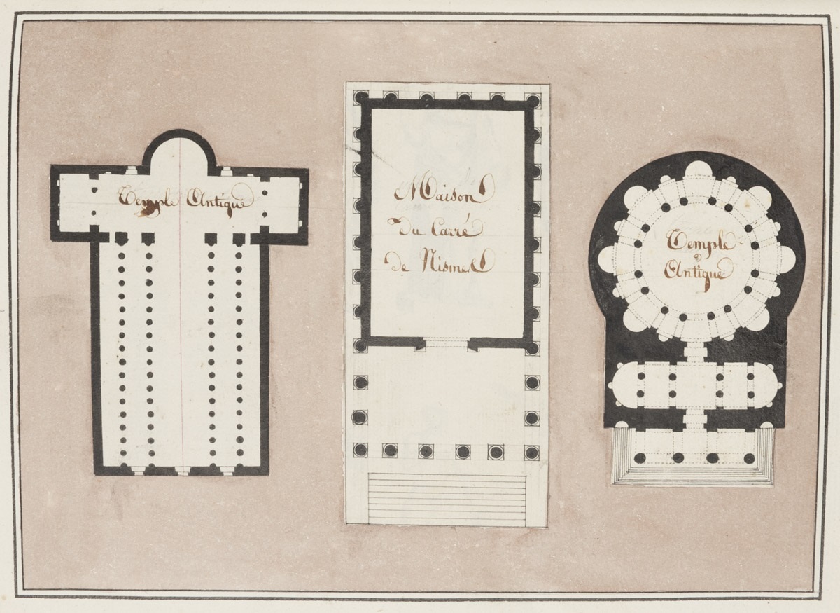 Plans de la Maison carrée de Nîmes et de deux temples antiques