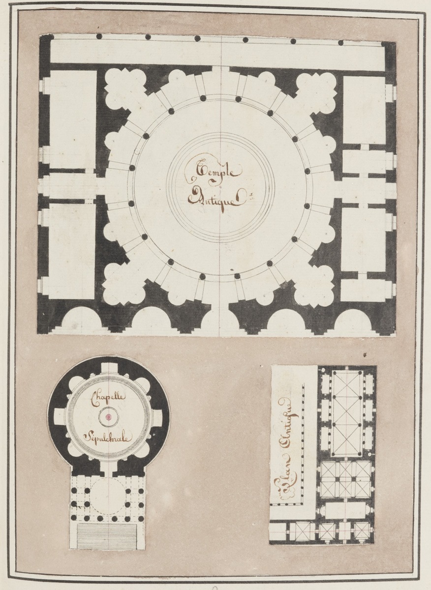 Plans d'un temple antique, d'une chapelle sépulcrale et d'un bâtiment antique