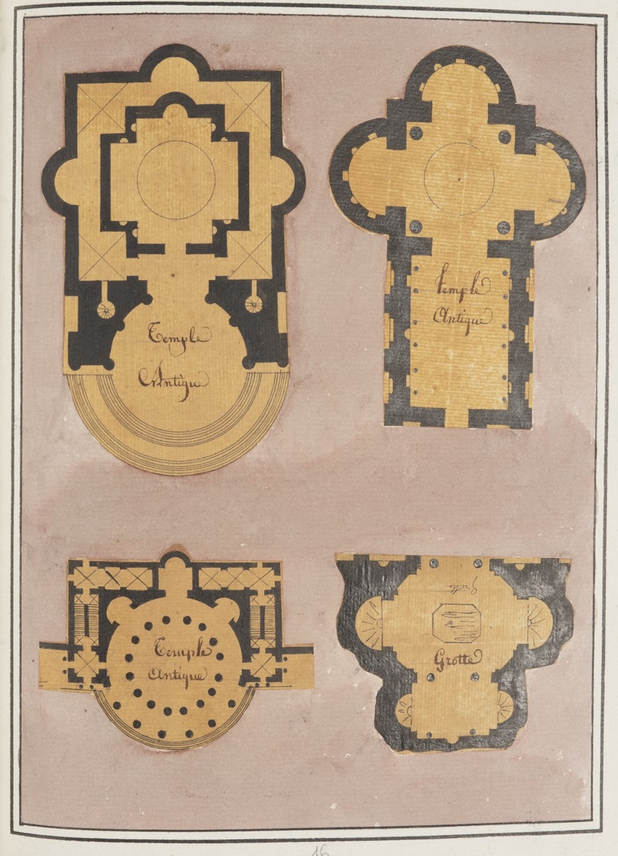 Plans de trois temples antiques et d'une grotte