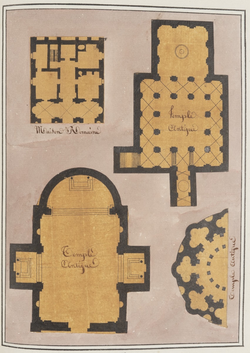Plans de trois temples antiques et d'une maison romaine