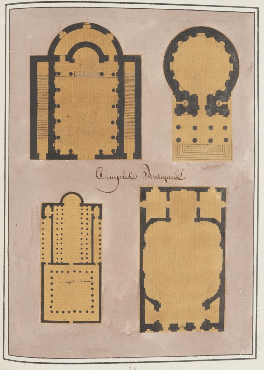 Plans de quatre temples antiques