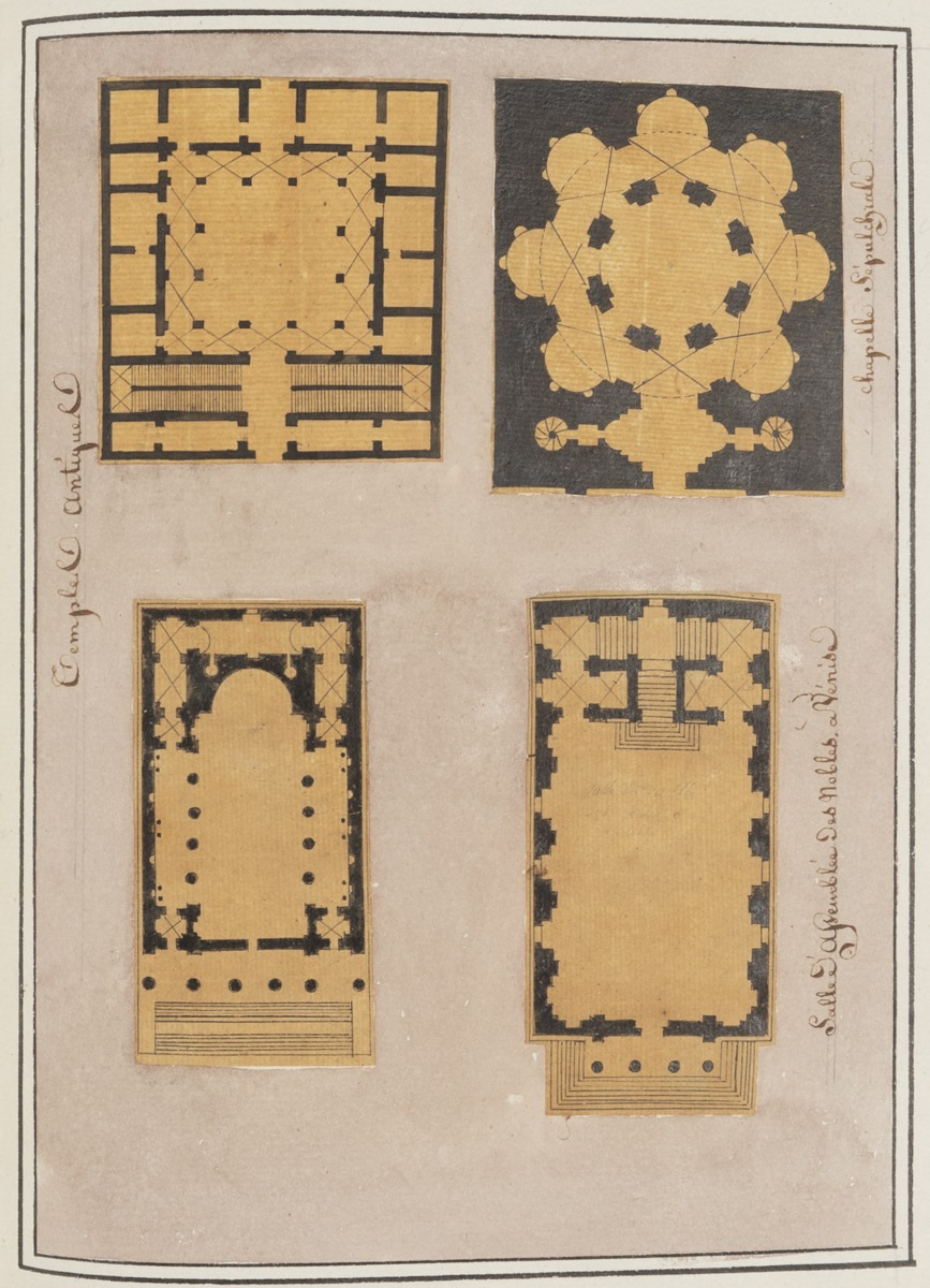 Plans de deux temples antiques, d'une salle sépulcrale et de la salle d'assemblée des nobles à Venise