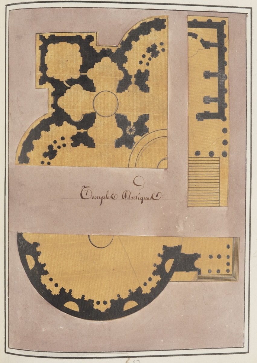 Plans d'une église, du Panthéon de Rome et d'un temple antique