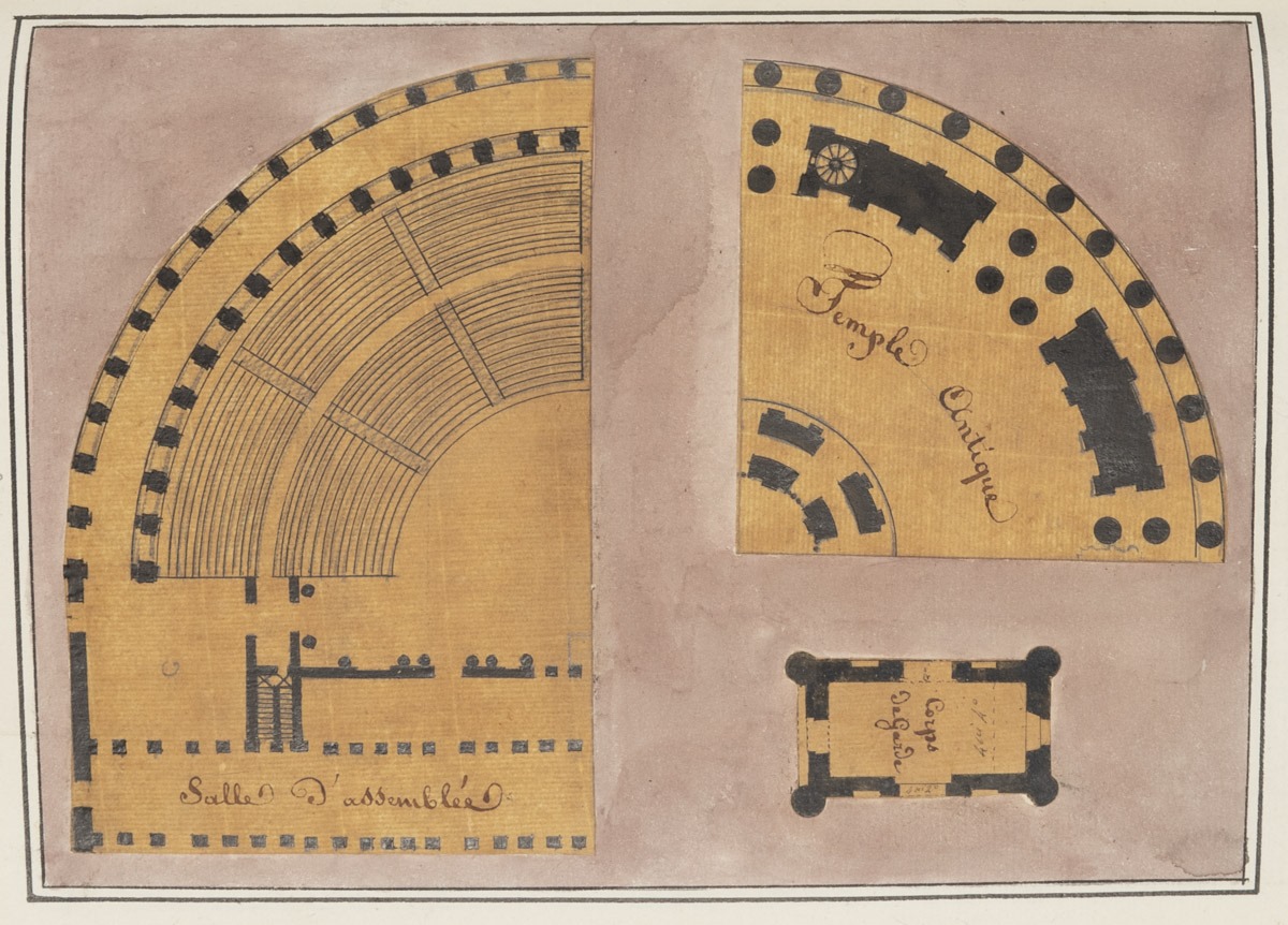 Plans d'un temple antique, d'une salle d'assemblée et d'un corps de garde